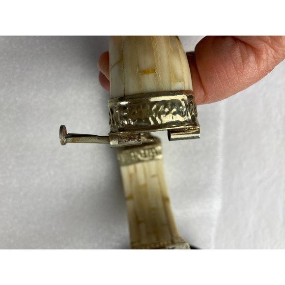 Vintage Bone Ornate Bracelet Red Agate Cabochon Silver Tone Bohemian Pin Closure - Picture 4 of 9